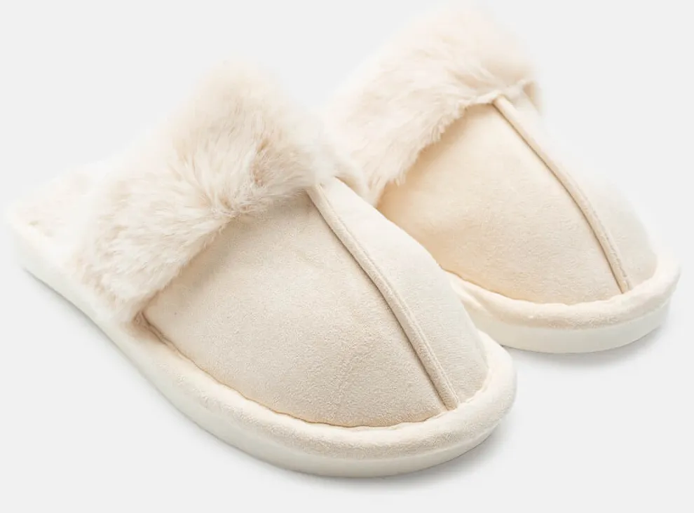 Παντόφλες Γούνινες με Ραφή Μποροστά - Μπεζ