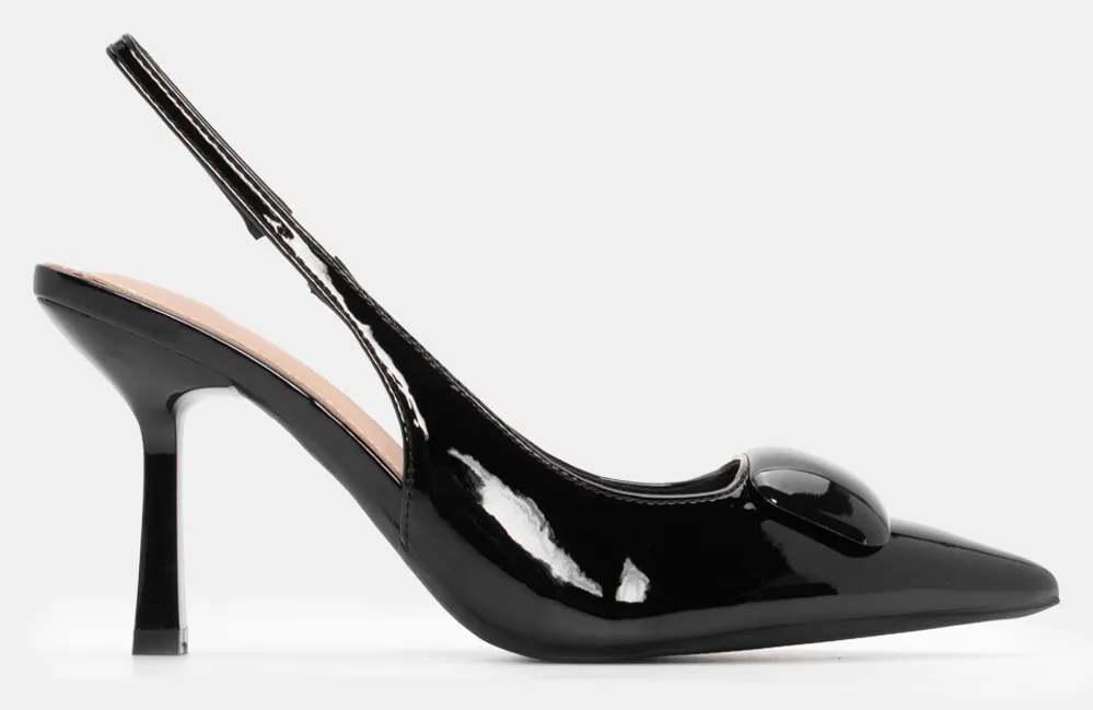 Γόβες Μυτερές Slingback με Τόκα - Μαύρο-Λουστρίνι