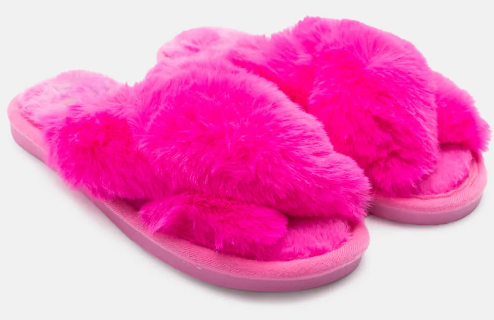 Παντόφλες Γούνινες Χιαστί - Φούξια