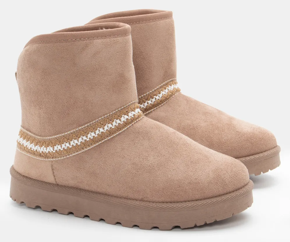 Μποτάκια με Εσωτερική Επένδυση Γούνας & Κέντημα - Μπεζ-Σκούρο