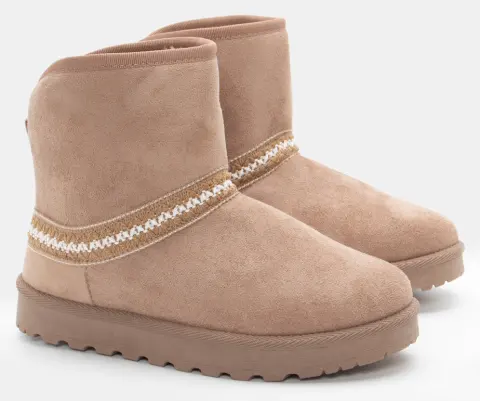 Μποτάκια με Εσωτερική Επένδυση Γούνας & Κέντημα - Μπεζ-Σκούρο