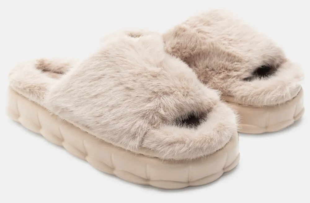 Παντόφλες Γούνινες - Μπεζ-Σκούρο