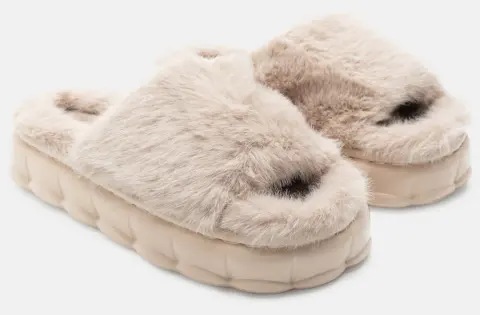 Παντόφλες Γούνινες - Μπεζ-Σκούρο