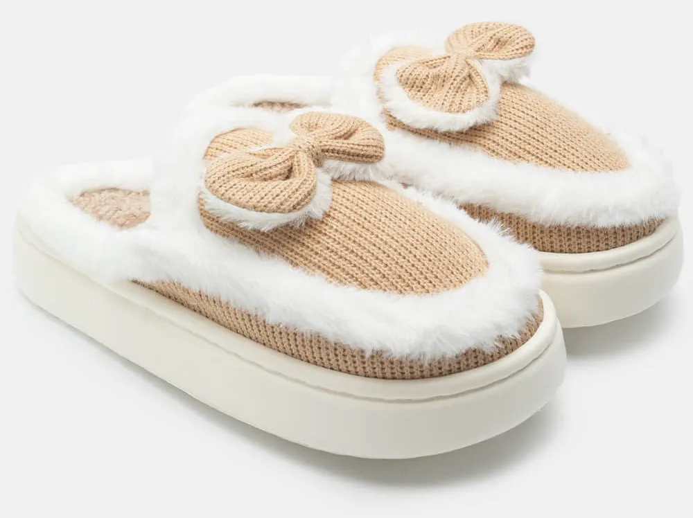 Παντόφλες Γούνινες με Φιόγκο - Μπεζ-Σκούρο