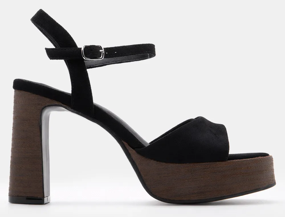 Πέδιλα Suede με Φιάπα & Χοντρό Τακούνι σε Wood Look - Μαύρο