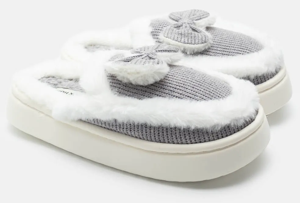 Παντόφλες Γούνινες με Φιόγκο - Γκρι