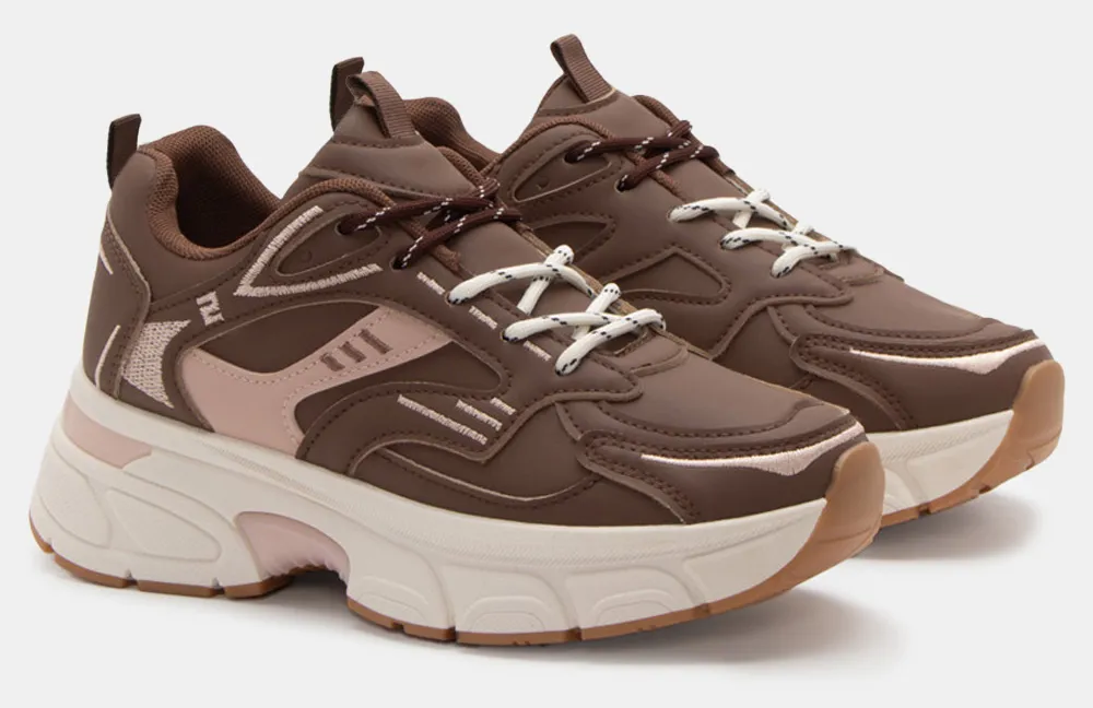 Sneakers σε Συνδυασμό Χρωμάτων με Διπλά Κορδόνια - Καφέ Σκούρο