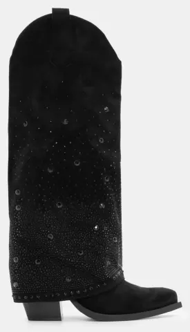 Μπότες Cowboy με Εφέ Αναδιπλούμενης Φάσας & Strass - Μαύρο