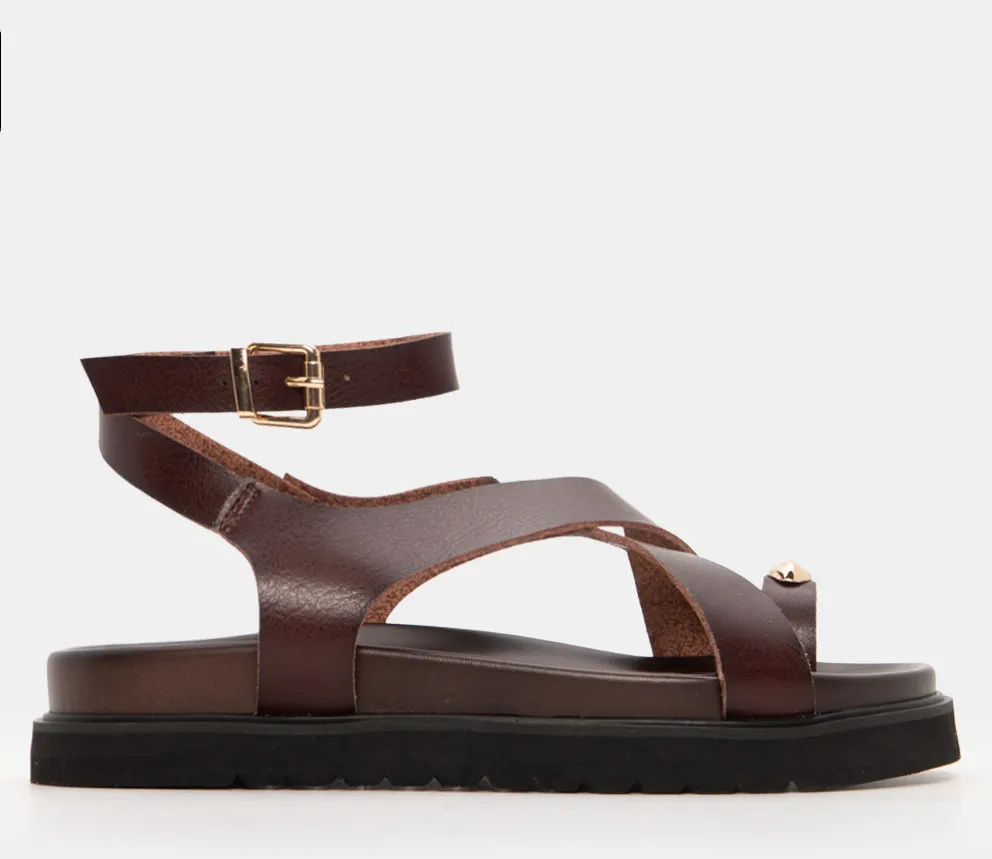 Σανδάλια Flatfrom με Χιαστί Λουράκια & Μπαρέτα - Καφέ Σκούρο