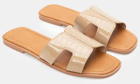 Σανδάλια Flat με Λεπτομέρεια Croco - Μπεζ-Σκούρο
