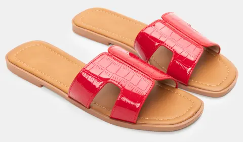 Σανδάλια Flat με Λεπτομέρεια Croco - Κόκκινο
