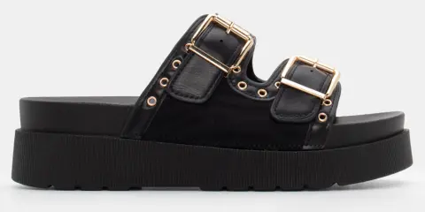 Σανδάλια Flatform με Διπλές Τόκες & Τρούκς - Μαύρο