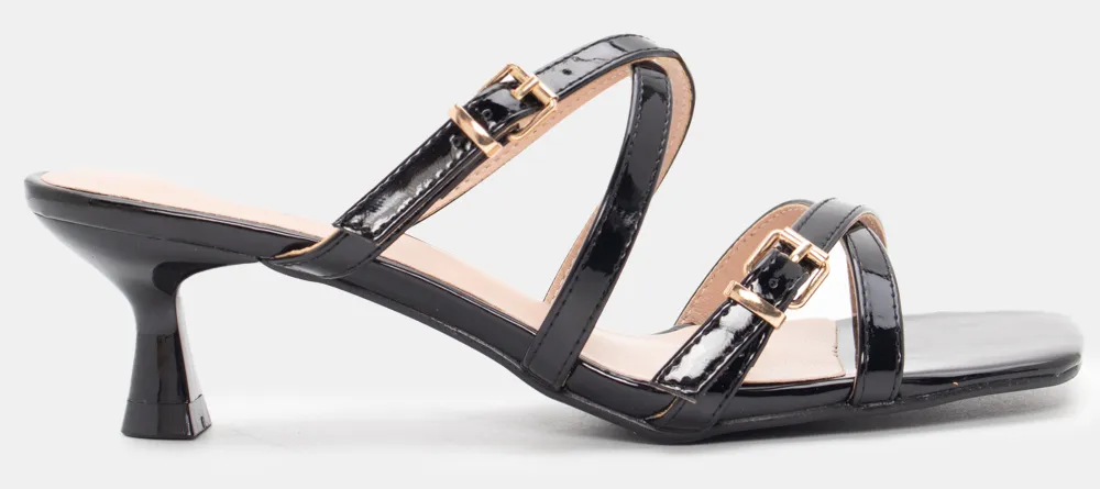 Mules με Χιαστί Λουράκια - Μαύρο-Λουστρίνι