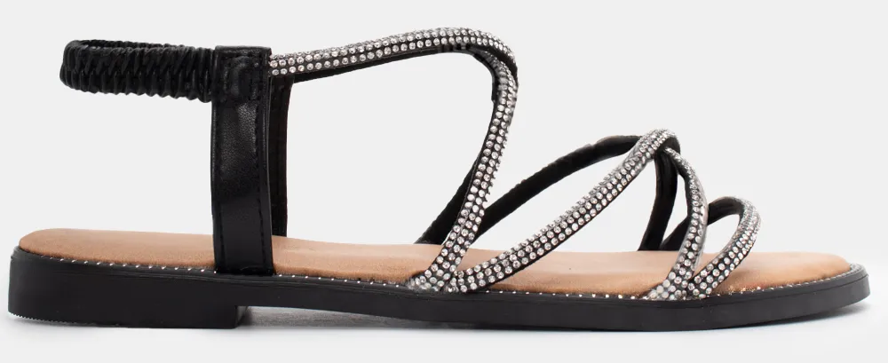 Flat Σανδάλια με Λάστιχο & Strass - Μαύρο