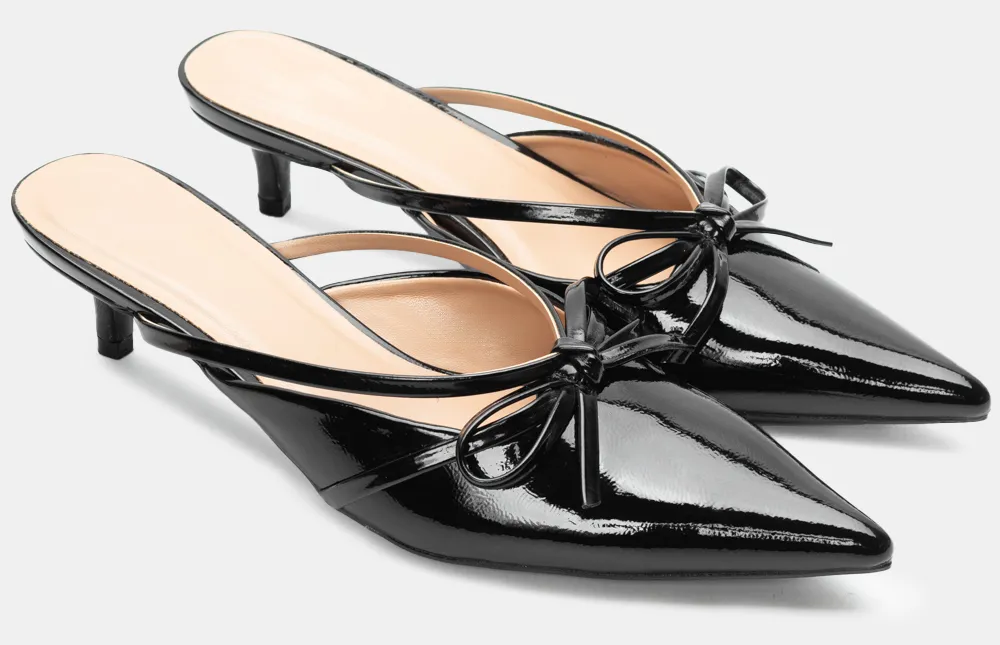 Mules Μυτερά με Διακοσμητικό Φιόγκο - Μαύρο-Λουστρίνι