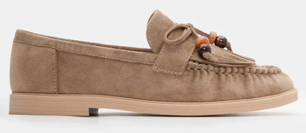 Μοκασίνια με Διακοσμητικά Κρόσσια & Χάντρες - Λαδί