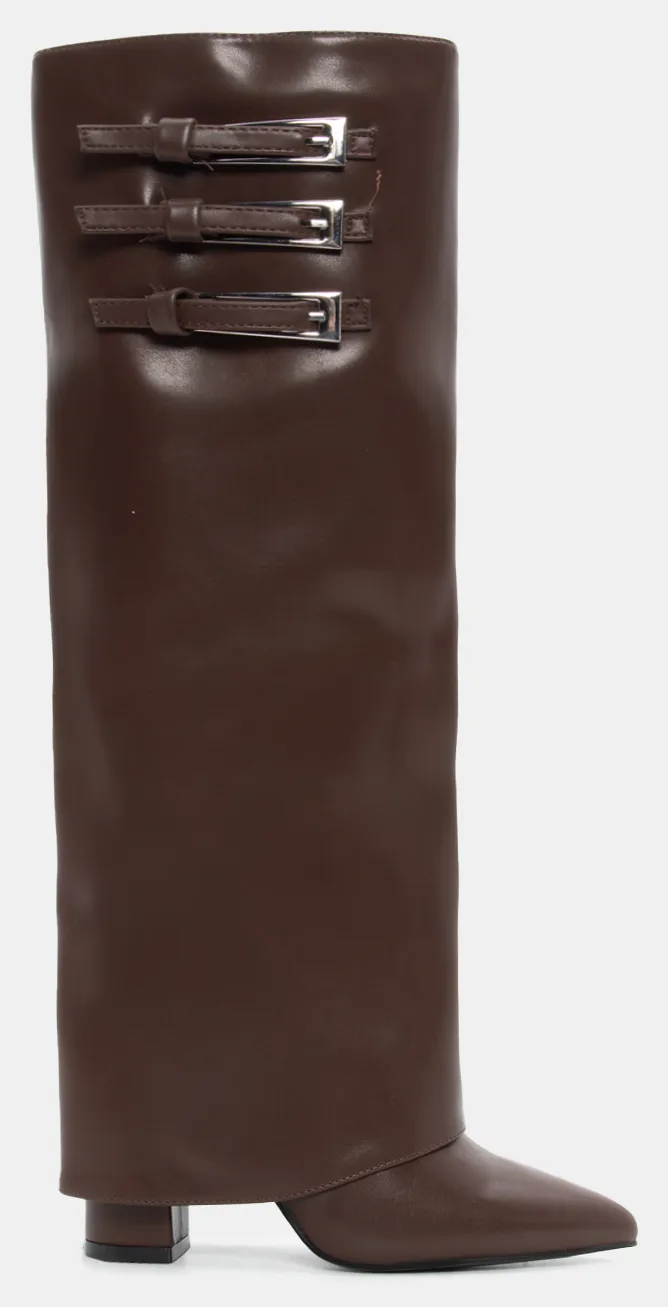 Μπότες Μυτερές με Εφέ Αναδιπλούμενης Φάσας & Τόκες - Καφέ Σκούρο