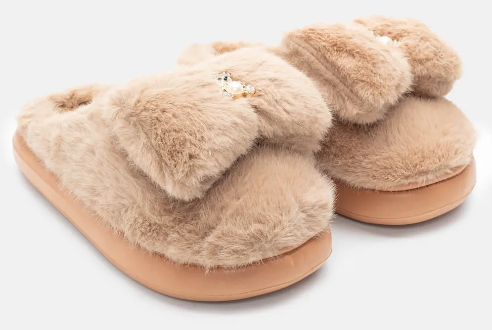 Παντόφλες με Γούνα & Διακοσμητικό Αρκουδάκι - Κάμελ