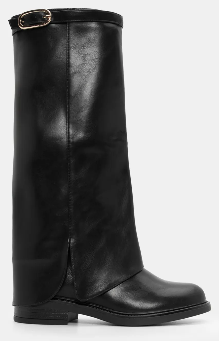 Μπότες με Εφέ Αναδιπλούμενης Φάσας & Διακοσμητικό Λουράκι - Μαύρο