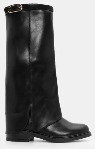 Μπότες με Εφέ Αναδιπλούμενης Φάσας & Διακοσμητικό Λουράκι - Μαύρο