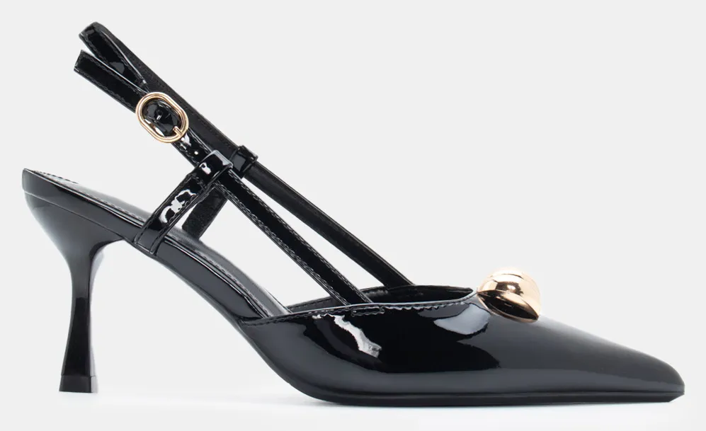 Γόβες Μυτερές Slingback με Διακοσμητική Τόκα - Μαύρο-Λουστρίνι