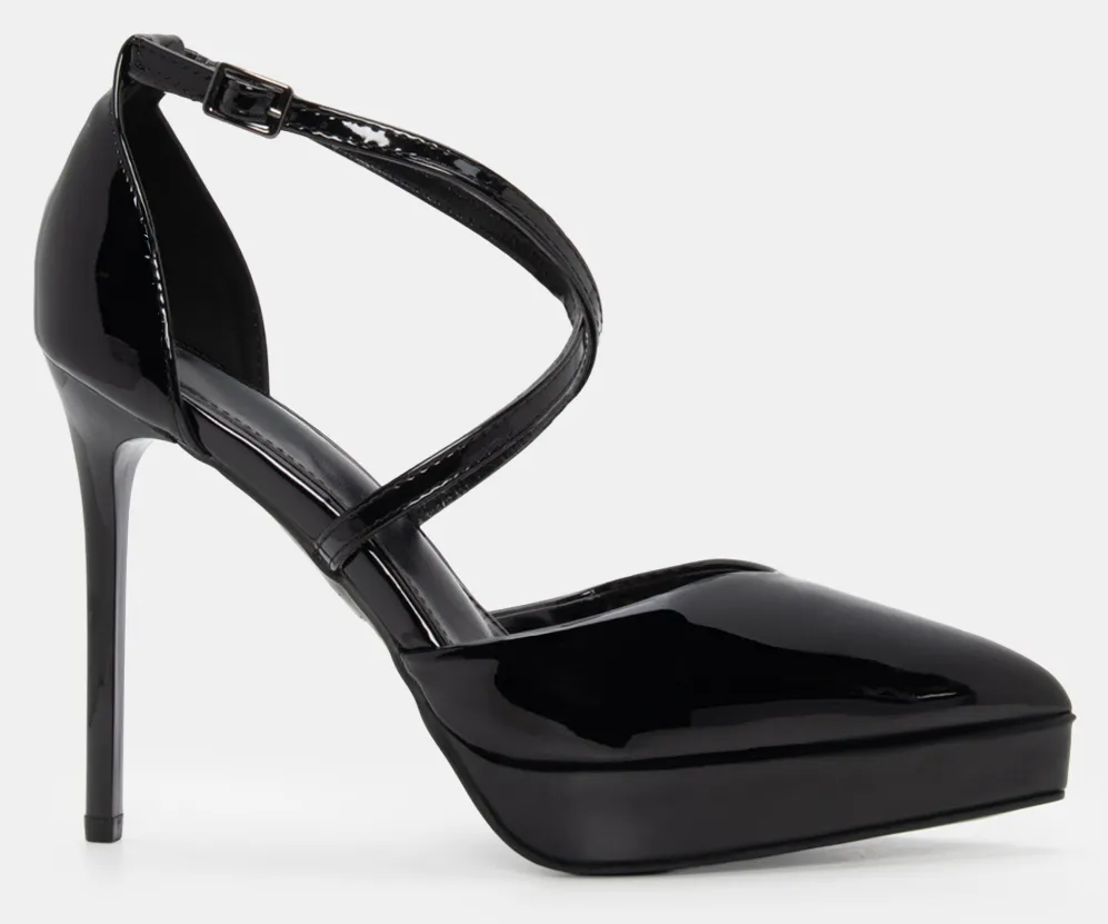 Γόβες Μυτερές με Χιαστί Λουράκια - Μαύρο-Λουστρίνι