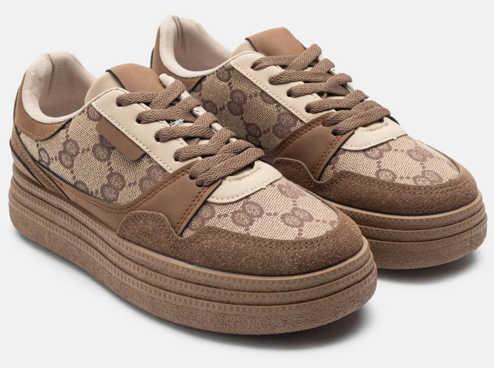 Sneakers Δίσολα με Συνδυασμό Υλικών - Καφέ Σκούρο