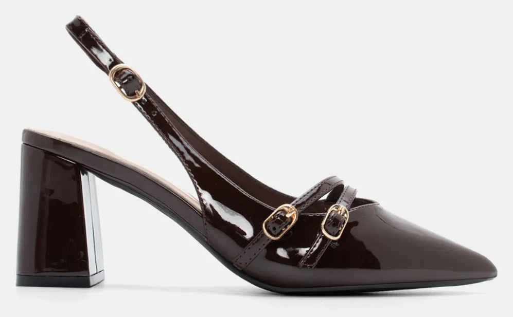 Γόβες Μυτερές με Διπλά Λουράκια - Καφέ Σκούρο