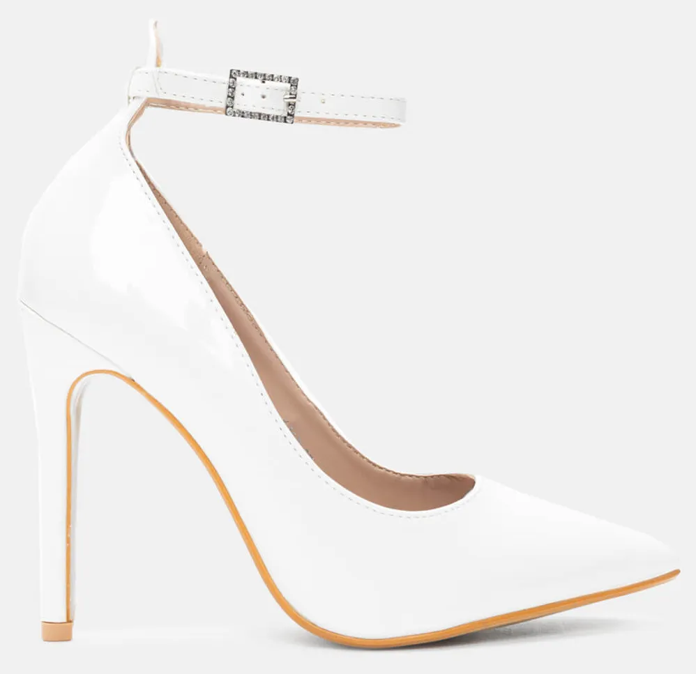 Γόβες Μυτερές Λουστρίνι με Μπαρέτα - Λευκό-Λουστρίνι