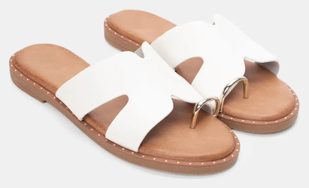 Flat Σανδάλια με Μερταλλική Λεπτομέρεια - Λευκό
