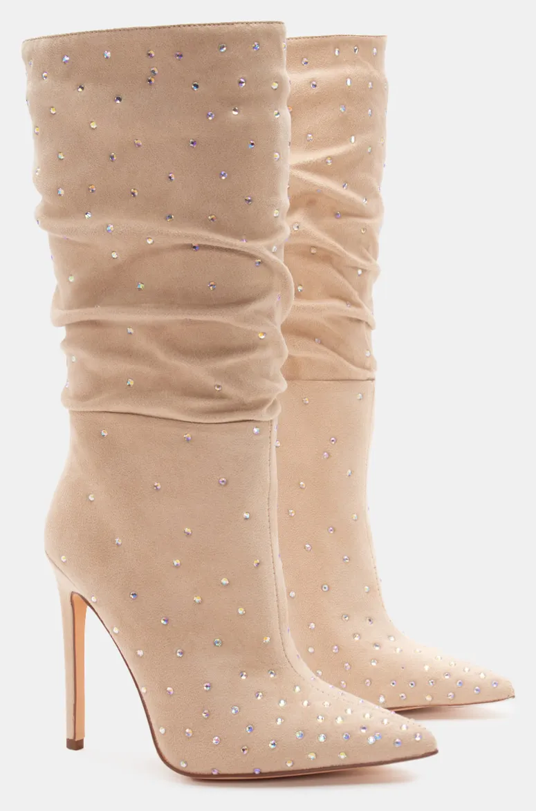 Μπότες Μυτερές με Strass - Μπεζ