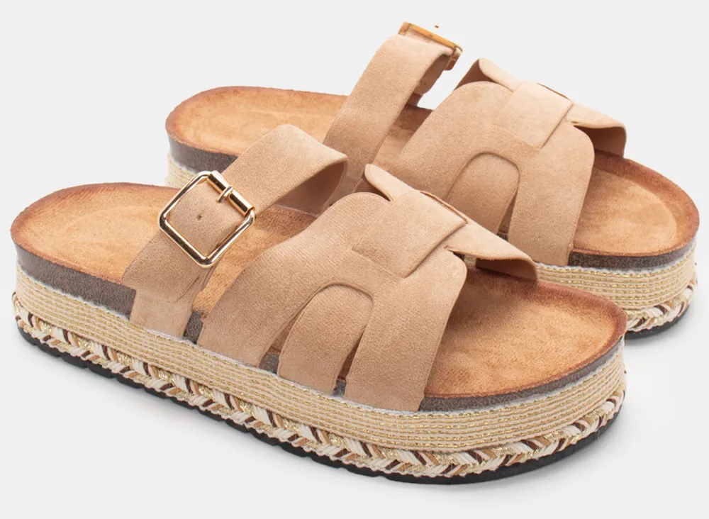 Σανδάλια Flatform Boho με Λουράκι - Μπεζ-Σκούρο