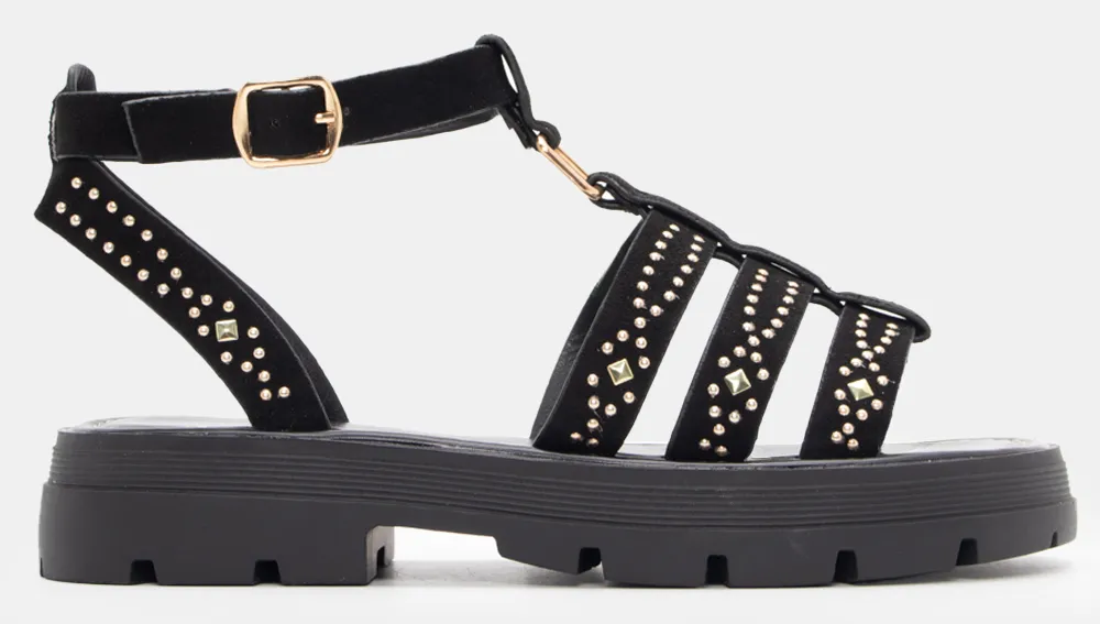 Σανδάλια Flatform με Πολλαπλά Λουράκια & Τρούκς - Μαύρο