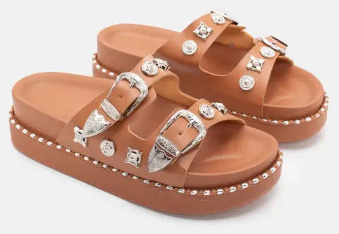 Σανδάλια Flatform με Διπλές Τόκες & Τρούκς - Κάμελ