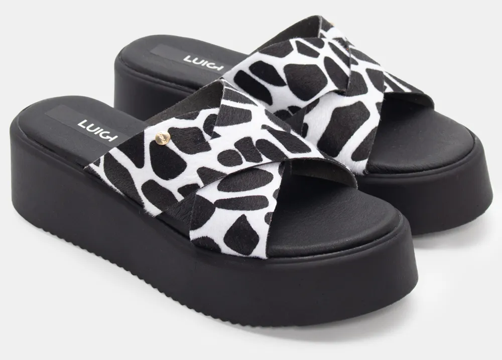 LUIGI DESIGN - Πλατφόρμες Δερμάτινες με Χιαστί Λουράκια - Άσπρο+Μαύρο