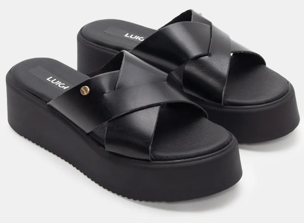 LUIGI DESIGN - Πλατφόρμες Δερμάτινες με Χιαστί Λουράκια - Μαύρο