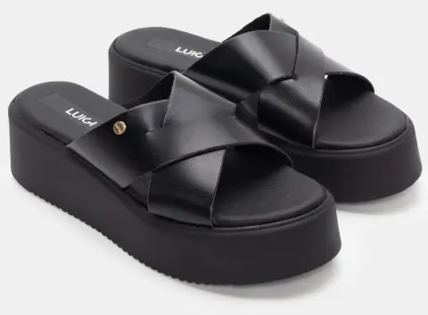 LUIGI DESIGN - Πλατφόρμες Δερμάτινες με Χιαστί Λουράκια - Μαύρο