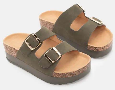 Σανδάλια Flatform με Διπλές Τόκες - Χακί