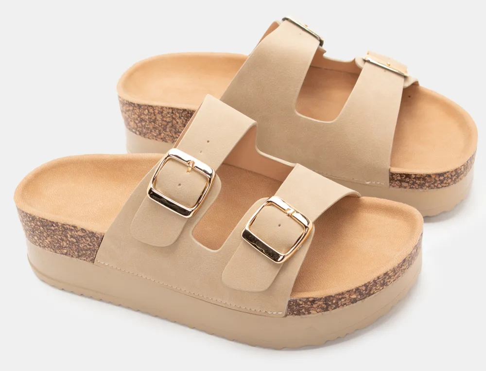 Σανδάλια Flatform με Διπλές Τόκες - Μπεζ