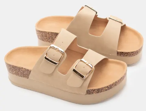 Σανδάλια Flatform με Διπλές Τόκες - Μπεζ