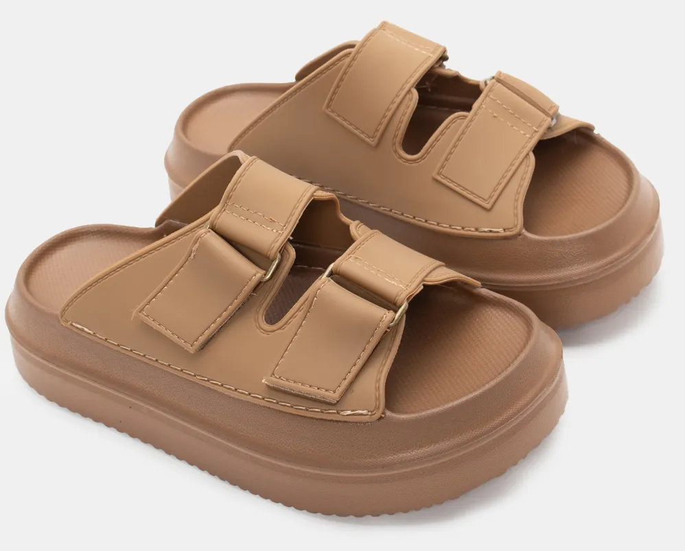 Παντόφλες Flatform με Διπλά Λουράκια και Scratch - Μπεζ-Σκούρο