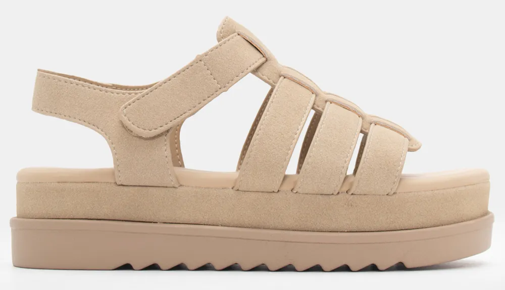 Σανδάλια Flatform με Πολλαπλά Λουράκια - Μπεζ-Σκούρο