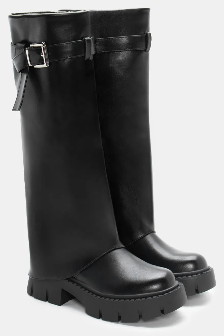 Μπότες με Εφέ Αναδιπλούμενης Φάσας & Τρακτερωτή Σόλα - Μαύρο