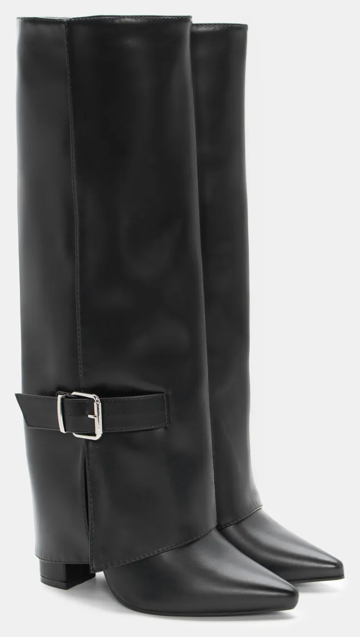 Μπότες με Εφέ Αναδιπλούμενης Φάσας & Διακοσμητικό Λουράκι - Μαύρο