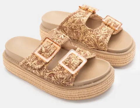 Σανδάλια Flatform με Ψάθινα Λουράκια - Μπεζ-Σκούρο