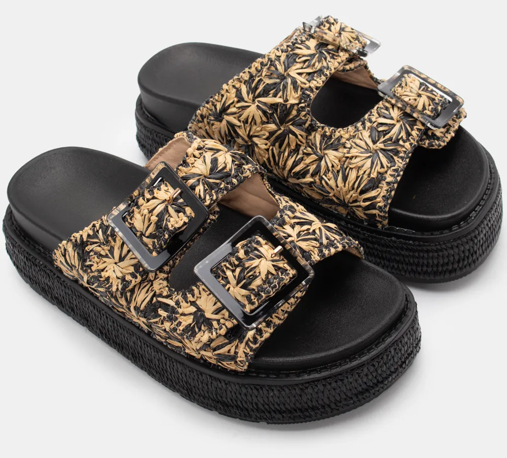 Σανδάλια Flatform με Ψάθινα Λουράκια - Μαύρο