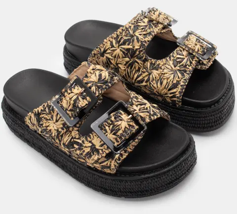 Σανδάλια Flatform με Ψάθινα Λουράκια - Μαύρο