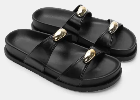 Σανδάλια Flatform με Διπλά Λουράκια & Διακοσμητικό - Μαύρο