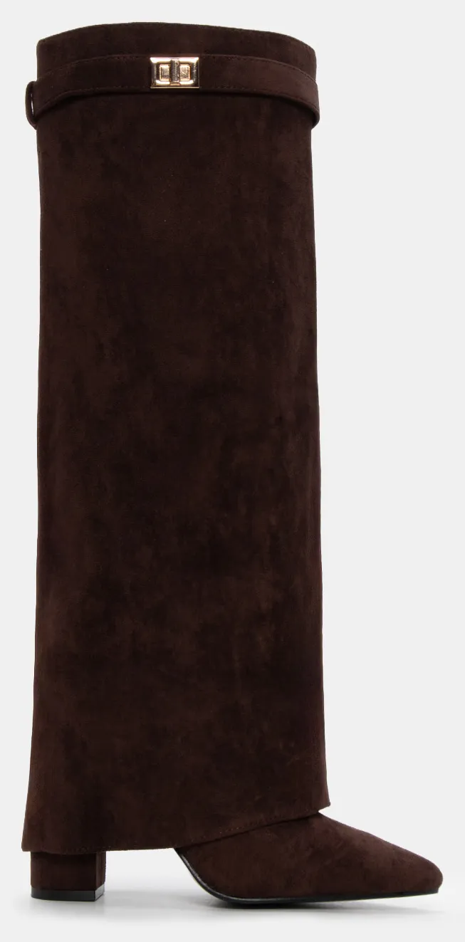 Μπότες με Εφέ Αναδιπλούμενης Φάσας & Διακοσμητικό Λουράκι - Καφέ Σκούρο