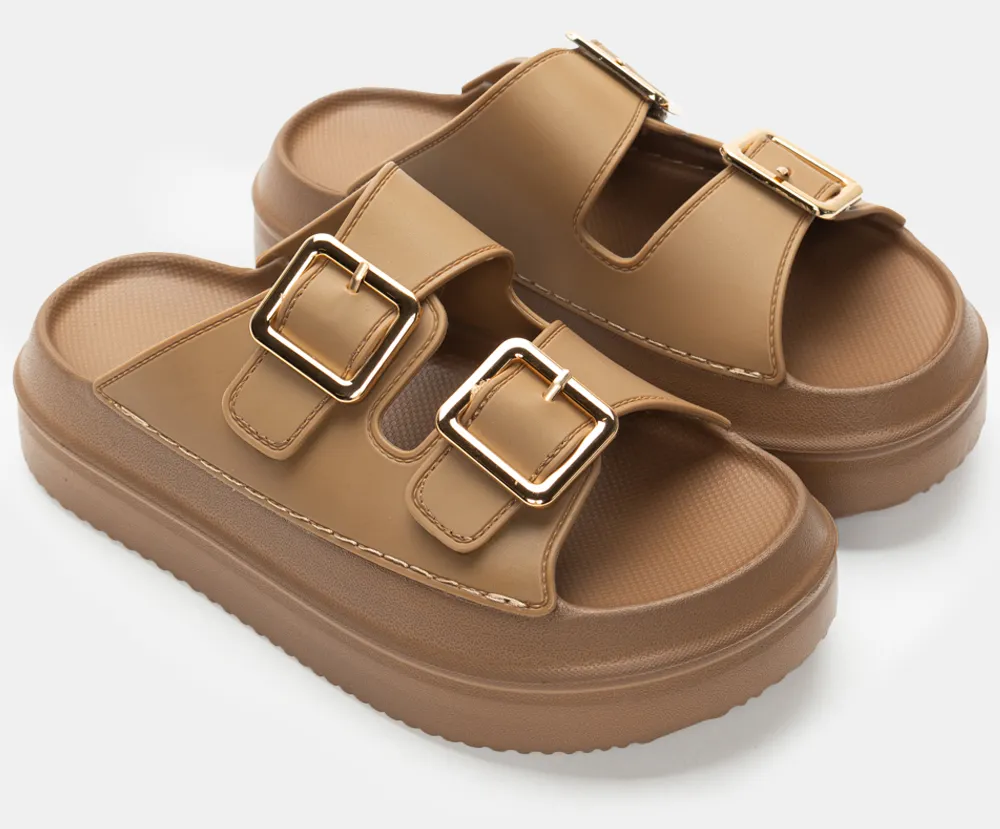 Παντόφλες Flatform με Δυο Τόκες - Καφέ